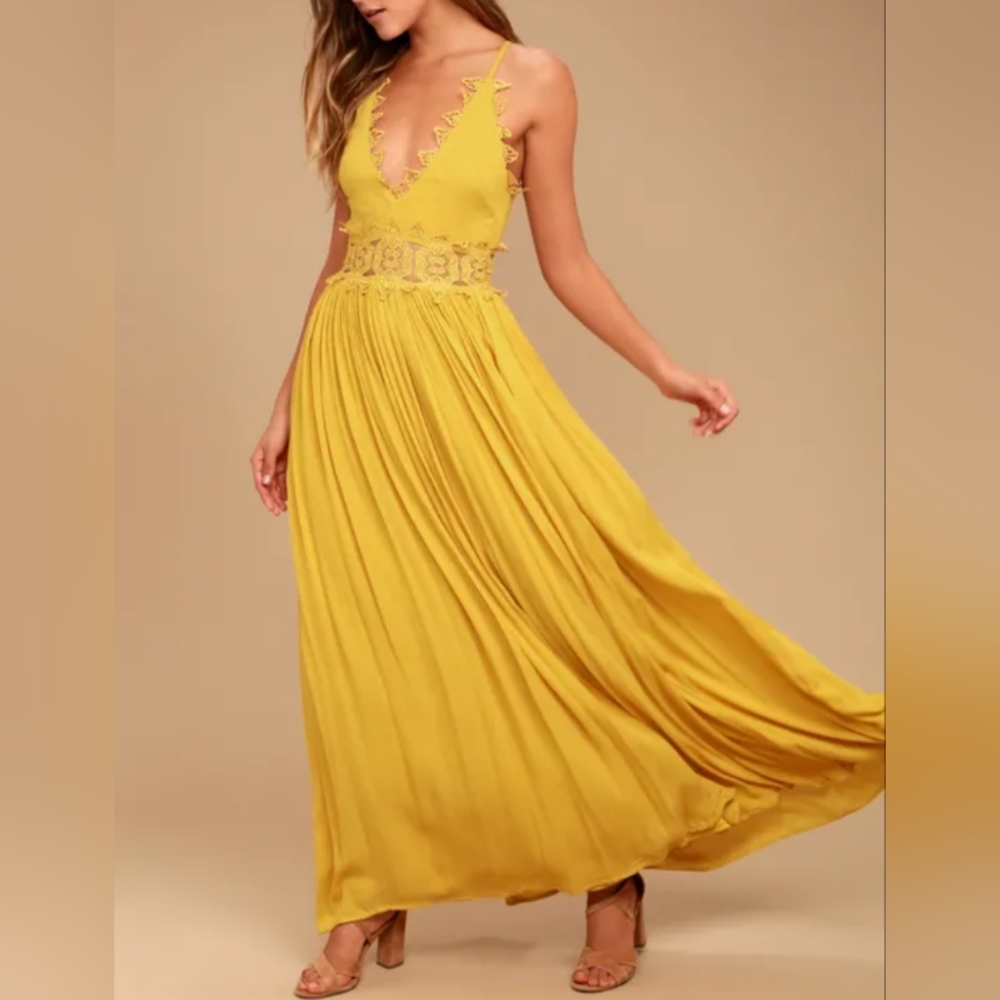 🦋 Lulus This is Love Mustard Yellow Lace Maxi Dress
